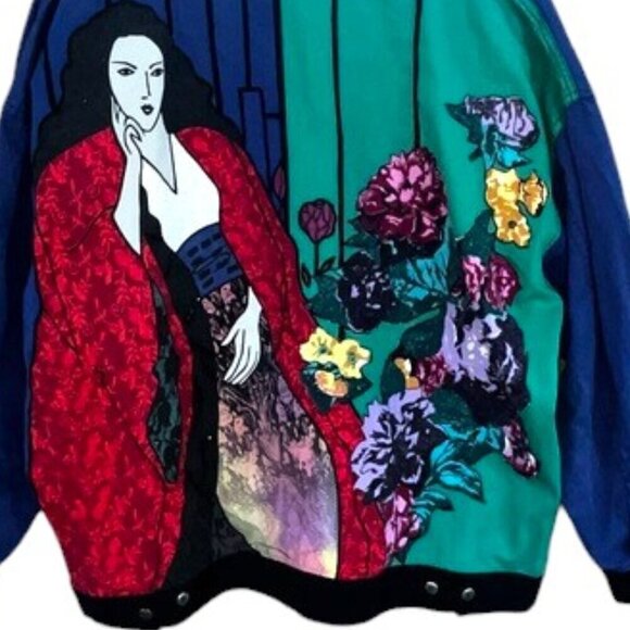 Vintage Together Modigliani Patchwork Floral Artsy Abstract Denim Jacket Large - Picture 8 of 13